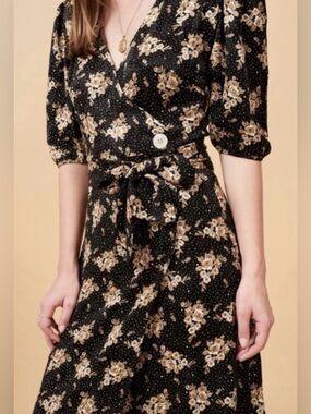 Rouje Black Floral Midi Wrap Dress